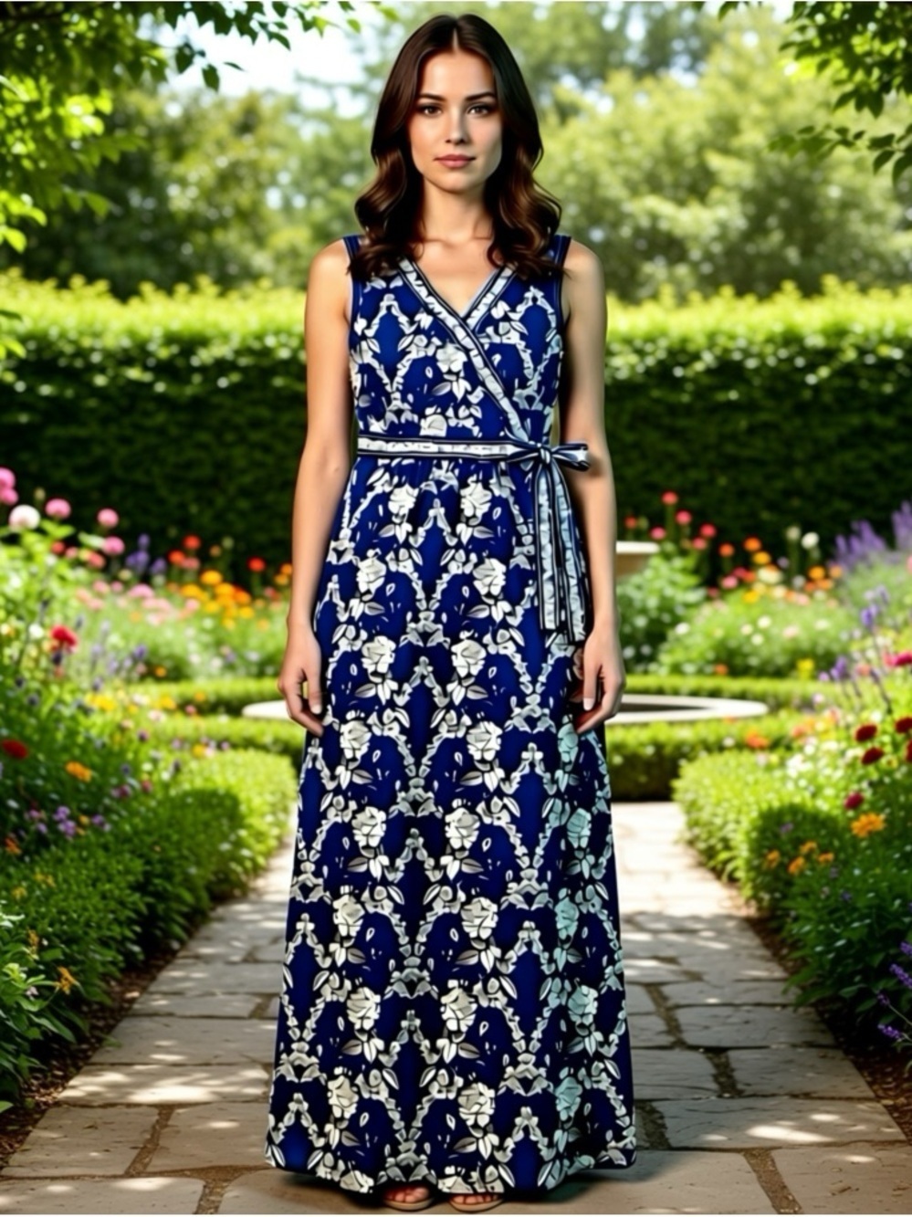 Max Studio Maxi Dress Slit Blue White Floral Size Small Stretchy Vneck Sleeveles